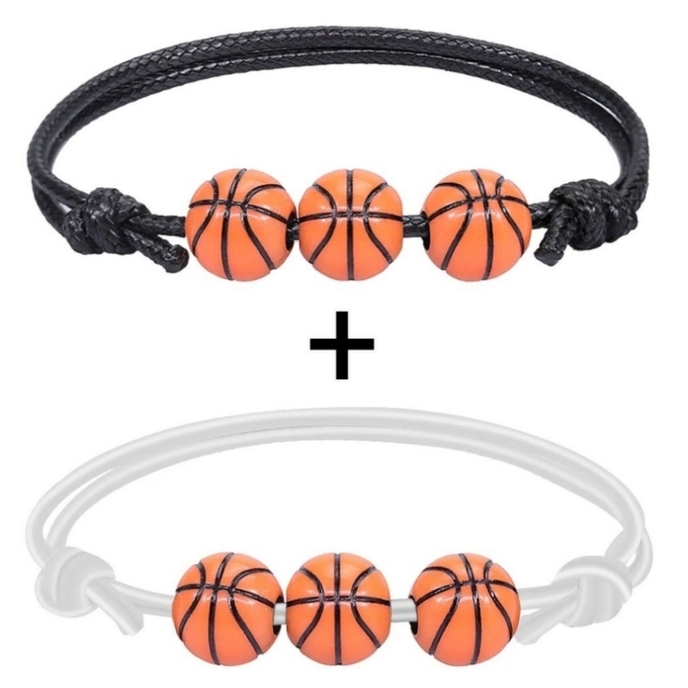 2 Basketball Bracelets Adjustable Bead Charms Friendship Couples Black White